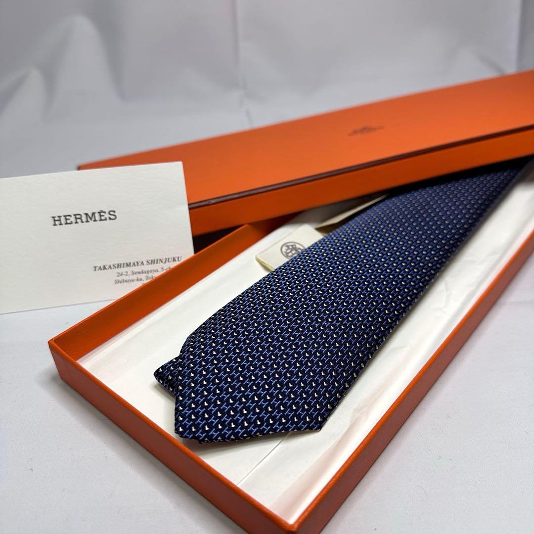新品箱付☆エルメス☆ネクタイ☆ネイビー☆ファソネ☆ハート☆青系☆H柄☆716